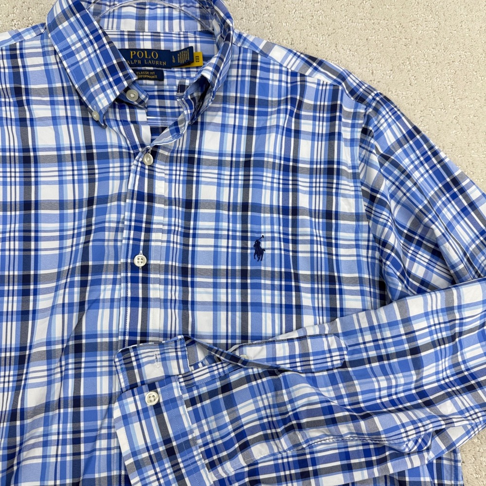 Polo Ralph Lauren Performance Shirt Mens L Blue Plaid Classic Fit Stretch 13560